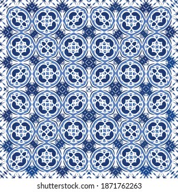 Antique azulejo tiles patchwork. Minimal design. Vector seamless pattern trellis. Blue spain and portuguese decor for bags, smartphone cases, T-shirts, linens or scrapbooking.