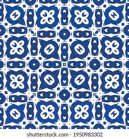 Antique azulejo tiles patchwork. Minimal design. Vector seamless pattern watercolor. Blue spain and portuguese decor for bags, smartphone cases, T-shirts, linens or scrapbooking.