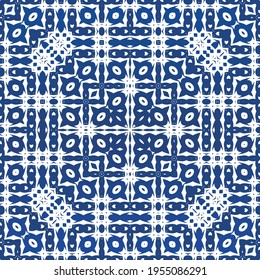 Antique azulejo tiles patchwork. Minimal design. Vector seamless pattern watercolor. Blue spain and portuguese decor for bags, smartphone cases, T-shirts, linens or scrapbooking.