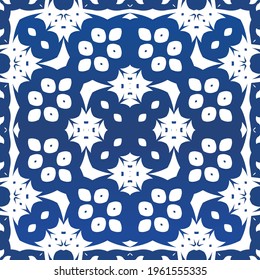 Antique azulejo tiles patchwork. Minimal design. Vector seamless pattern watercolor. Blue spain and portuguese decor for bags, smartphone cases, T-shirts, linens or scrapbooking.