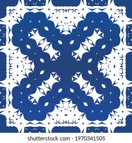 Antique azulejo tiles patchwork. Minimal design. Vector seamless pattern watercolor. Blue spain and portuguese decor for bags, smartphone cases, T-shirts, linens or scrapbooking.