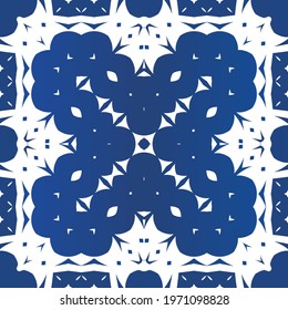Antique azulejo tiles patchwork. Minimal design. Vector seamless pattern watercolor. Blue spain and portuguese decor for bags, smartphone cases, T-shirts, linens or scrapbooking.