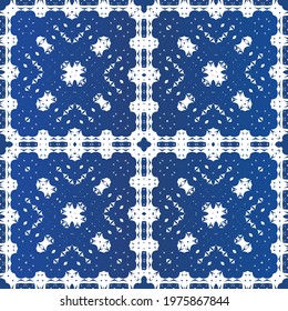 Antique azulejo tiles patchwork. Minimal design. Vector seamless pattern watercolor. Blue spain and portuguese decor for bags, smartphone cases, T-shirts, linens or scrapbooking.