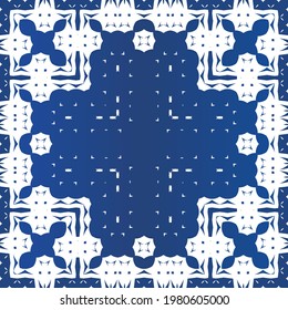 Antique azulejo tiles patchwork. Minimal design. Vector seamless pattern watercolor. Blue spain and portuguese decor for bags, smartphone cases, T-shirts, linens or scrapbooking.