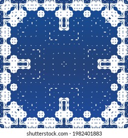 Fliesen-Fliesen-Fliesen aus antiker Azulejo-Zeit. Minimales Design. Vektor nahtlose Muster Wasserfarbe. Blauer Spain und portugiesisches Dekor für Taschen, Smartphone-Kisten, T-Shirts, Bettwäsche oder Scrapbooking.