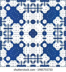 Antique azulejo tiles patchwork. Minimal design. Vector seamless pattern watercolor. Blue spain and portuguese decor for bags, smartphone cases, T-shirts, linens or scrapbooking.