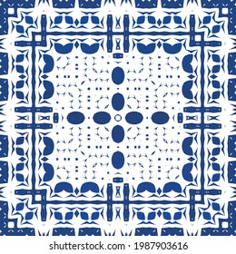 Antique azulejo tiles patchwork. Minimal design. Vector seamless pattern watercolor. Blue spain and portuguese decor for bags, smartphone cases, T-shirts, linens or scrapbooking.
