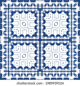 Antique azulejo tiles patchwork. Minimal design. Vector seamless pattern watercolor. Blue spain and portuguese decor for bags, smartphone cases, T-shirts, linens or scrapbooking.