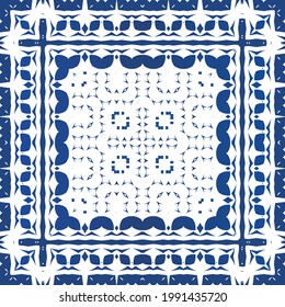 Antique azulejo tiles patchwork. Minimal design. Vector seamless pattern watercolor. Blue spain and portuguese decor for bags, smartphone cases, T-shirts, linens or scrapbooking.
