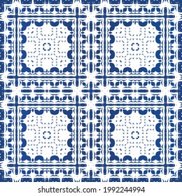 Antique azulejo tiles patchwork. Minimal design. Vector seamless pattern watercolor. Blue spain and portuguese decor for bags, smartphone cases, T-shirts, linens or scrapbooking.