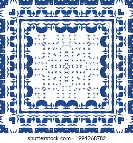 Antique azulejo tiles patchwork. Minimal design. Vector seamless pattern watercolor. Blue spain and portuguese decor for bags, smartphone cases, T-shirts, linens or scrapbooking.
