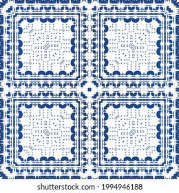 Antique azulejo tiles patchwork. Minimal design. Vector seamless pattern watercolor. Blue spain and portuguese decor for bags, smartphone cases, T-shirts, linens or scrapbooking.