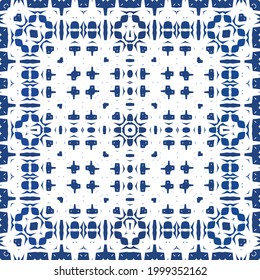 Antique azulejo tiles patchwork. Minimal design. Vector seamless pattern watercolor. Blue spain and portuguese decor for bags, smartphone cases, T-shirts, linens or scrapbooking.