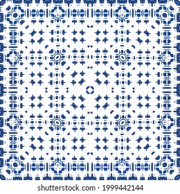 Antique azulejo tiles patchwork. Minimal design. Vector seamless pattern watercolor. Blue spain and portuguese decor for bags, smartphone cases, T-shirts, linens or scrapbooking.