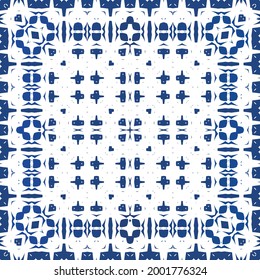 Antique azulejo tiles patchwork. Minimal design. Vector seamless pattern watercolor. Blue spain and portuguese decor for bags, smartphone cases, T-shirts, linens or scrapbooking.