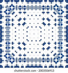 Antique azulejo tiles patchwork. Minimal design. Vector seamless pattern watercolor. Blue spain and portuguese decor for bags, smartphone cases, T-shirts, linens or scrapbooking.