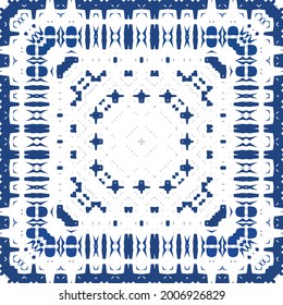 Antique azulejo tiles patchwork. Minimal design. Vector seamless pattern watercolor. Blue spain and portuguese decor for bags, smartphone cases, T-shirts, linens or scrapbooking.
