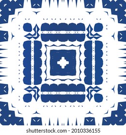 Antique azulejo tiles patchwork. Minimal design. Vector seamless pattern watercolor. Blue spain and portuguese decor for bags, smartphone cases, T-shirts, linens or scrapbooking.