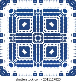 Antique azulejo tiles patchwork. Minimal design. Vector seamless pattern watercolor. Blue spain and portuguese decor for bags, smartphone cases, T-shirts, linens or scrapbooking.