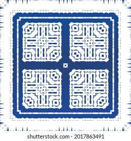 Antique azulejo tiles patchwork. Minimal design. Vector seamless pattern watercolor. Blue spain and portuguese decor for bags, smartphone cases, T-shirts, linens or scrapbooking.