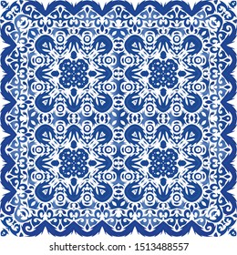 Antique azulejo tiles patchwork. Modern design. Vector seamless pattern arabesque. Blue spain and portuguese decor for bags, smartphone cases, T-shirts, linens or scrapbooking.
