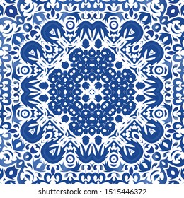Antique azulejo tiles patchwork. Modern design. Vector seamless pattern arabesque. Blue spain and portuguese decor for bags, smartphone cases, T-shirts, linens or scrapbooking.