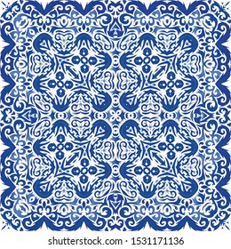 Antique azulejo tiles patchwork. Modern design. Vector seamless pattern texture. Blue spain and portuguese decor for bags, smartphone cases, T-shirts, linens or scrapbooking.