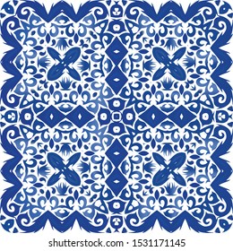 Antique azulejo tiles patchwork. Modern design. Vector seamless pattern flyer. Blue spain and portuguese decor for bags, smartphone cases, T-shirts, linens or scrapbooking.