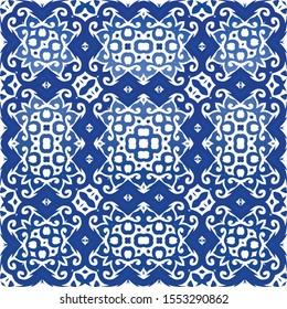 Antique azulejo tiles patchwork. Modern design. Vector seamless pattern poster. Blue spain and portuguese decor for bags, smartphone cases, T-shirts, linens or scrapbooking.