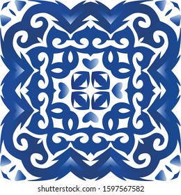 Antique azulejo tiles patchwork. Modern design. Vector seamless pattern theme. Blue spain and portuguese decor for bags, smartphone cases, T-shirts, linens or scrapbooking.
