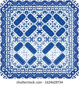 Antique azulejo tiles patchwork. Modern design. Vector seamless pattern frame. Blue spain and portuguese decor for bags, smartphone cases, T-shirts, linens or scrapbooking.