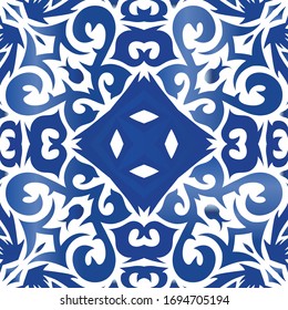 Antique azulejo tiles patchwork. Modern design. Vector seamless pattern arabesque. Blue spain and portuguese decor for bags, smartphone cases, T-shirts, linens or scrapbooking.
