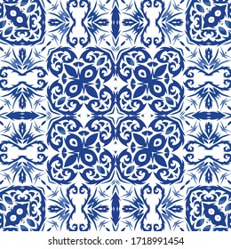 Antique azulejo tiles patchwork. Modern design. Vector seamless pattern watercolor. Blue spain and portuguese decor for bags, smartphone cases, T-shirts, linens or scrapbooking.
