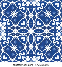 Antique azulejo tiles patchwork. Modern design. Vector seamless pattern illustration. Blue spain and portuguese decor for bags, smartphone cases, T-shirts, linens or scrapbooking.