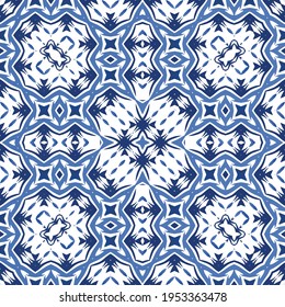 Antique azulejo tiles patchwork. Modern design. Vector seamless pattern texture. Blue spain and portuguese decor for bags, smartphone cases, T-shirts, linens or scrapbooking.