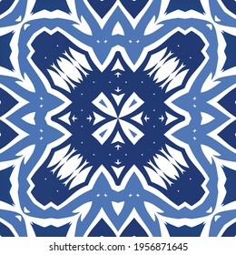 Antique azulejo tiles patchwork. Modern design. Vector seamless pattern texture. Blue spain and portuguese decor for bags, smartphone cases, T-shirts, linens or scrapbooking.