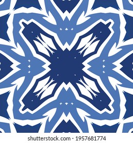 Antique azulejo tiles patchwork. Modern design. Vector seamless pattern texture. Blue spain and portuguese decor for bags, smartphone cases, T-shirts, linens or scrapbooking.