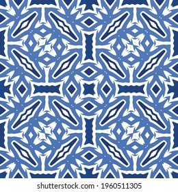 Antique azulejo tiles patchwork. Modern design. Vector seamless pattern texture. Blue spain and portuguese decor for bags, smartphone cases, T-shirts, linens or scrapbooking.