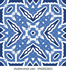 Antique azulejo tiles patchwork. Modern design. Vector seamless pattern texture. Blue spain and portuguese decor for bags, smartphone cases, T-shirts, linens or scrapbooking.