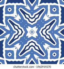 Antique azulejo tiles patchwork. Modern design. Vector seamless pattern texture. Blue spain and portuguese decor for bags, smartphone cases, T-shirts, linens or scrapbooking.