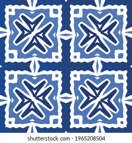 Baldosas de azulejos antiguos. Diseño moderno. Textura de patrón sin fisuras del vector. España azul y decoración portuguesa para bolsas, estuches para smartphones, camisetas, ropa de cama o scrapbooking.