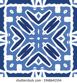 Antique azulejo tiles patchwork. Modern design. Vector seamless pattern texture. Blue spain and portuguese decor for bags, smartphone cases, T-shirts, linens or scrapbooking.