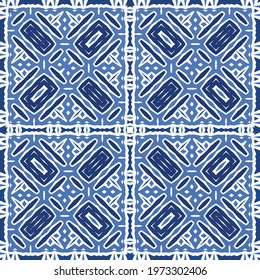 Antique azulejo tiles patchwork. Modern design. Vector seamless pattern texture. Blue spain and portuguese decor for bags, smartphone cases, T-shirts, linens or scrapbooking.