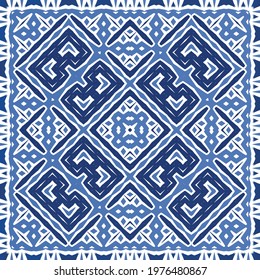 Antique azulejo tiles patchwork. Modern design. Vector seamless pattern texture. Blue spain and portuguese decor for bags, smartphone cases, T-shirts, linens or scrapbooking.