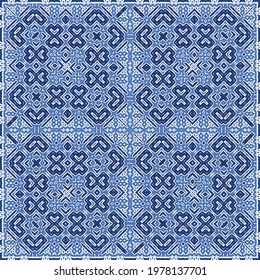 Antique azulejo tiles patchwork. Modern design. Vector seamless pattern texture. Blue spain and portuguese decor for bags, smartphone cases, T-shirts, linens or scrapbooking.
