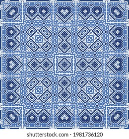 Antique azulejo tiles patchwork. Modern design. Vector seamless pattern texture. Blue spain and portuguese decor for bags, smartphone cases, T-shirts, linens or scrapbooking.