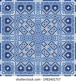 Antique azulejo tiles patchwork. Modern design. Vector seamless pattern texture. Blue spain and portuguese decor for bags, smartphone cases, T-shirts, linens or scrapbooking.