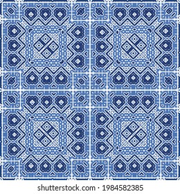 Antique azulejo tiles patchwork. Modern design. Vector seamless pattern texture. Blue spain and portuguese decor for bags, smartphone cases, T-shirts, linens or scrapbooking.