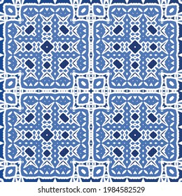 Antique azulejo tiles patchwork. Modern design. Vector seamless pattern texture. Blue spain and portuguese decor for bags, smartphone cases, T-shirts, linens or scrapbooking.