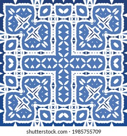 Antique azulejo tiles patchwork. Modern design. Vector seamless pattern texture. Blue spain and portuguese decor for bags, smartphone cases, T-shirts, linens or scrapbooking.